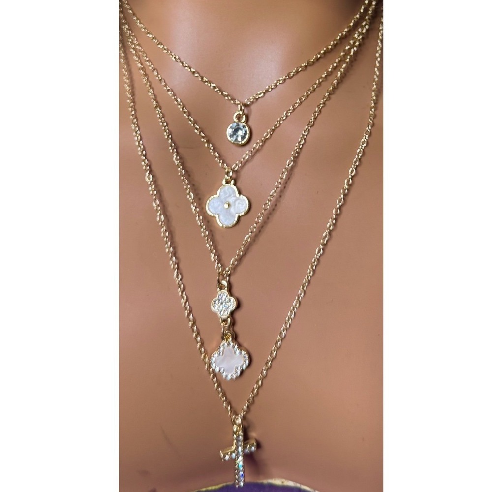 Clover Necklace Gold Layered Lucky Charm Pendant Mothers‎ Day Gift Rhinestones